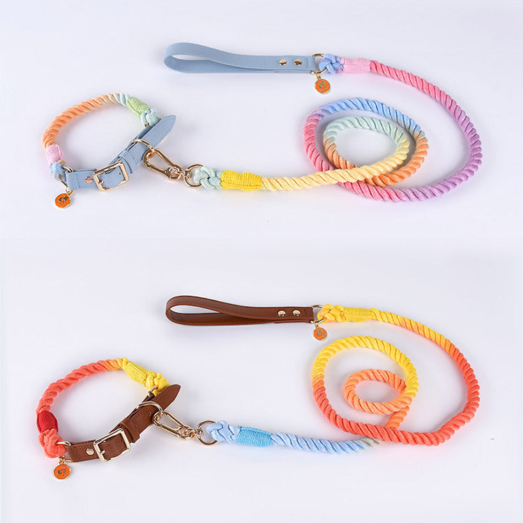 Cotton Woven Rope  Leather Pet Leash Collar Set Sitandpawz.com