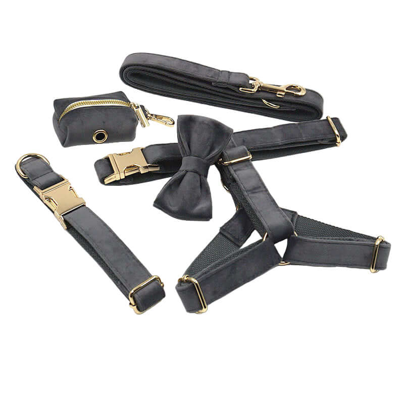 Dark Grey Velvet  Collar Leash and harness set Sitandpawz.com