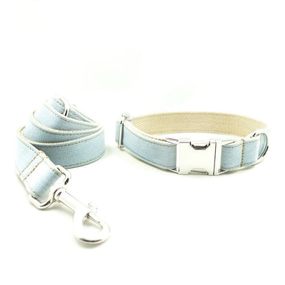 BLUE DENIM COLLAR AND LEASH SET Sitandpawz.com