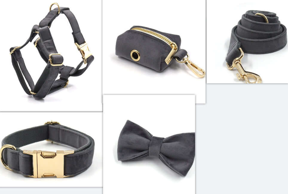 Dark Grey Velvet  Collar Leash and harness set Sitandpawz.com