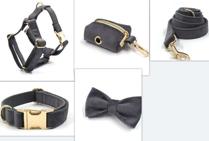Dark Grey Velvet  Collar Leash and harness set Sitandpawz.com