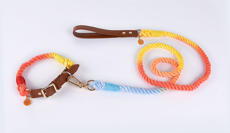 Cotton Woven Rope  Leather Pet Leash Collar Set Sitandpawz.com