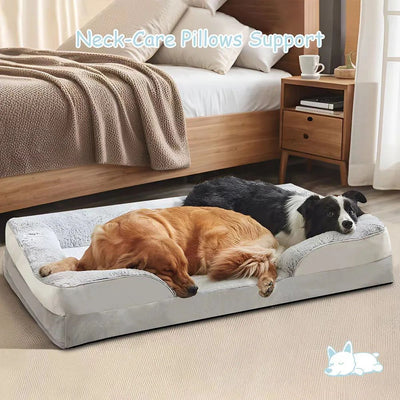 Two dogs lying on a large pet bed in a bedroom setting with 'Neck-Care Pillows Support' text.