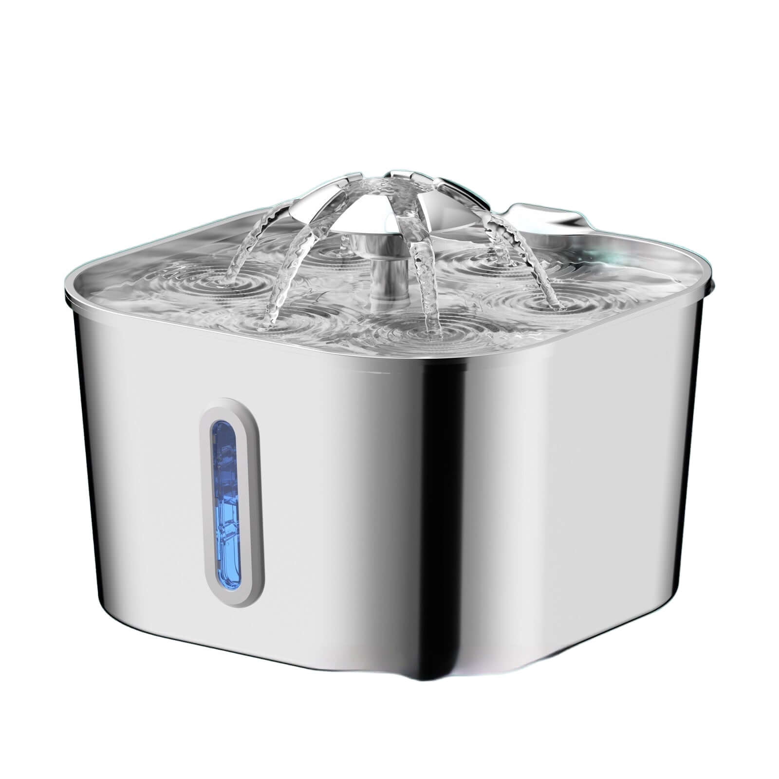Stainless steel pet water fountain on a white background