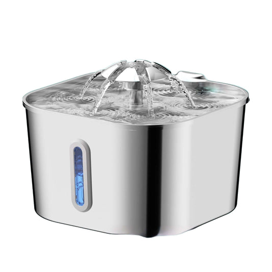 Stainless steel pet water fountain on a white background