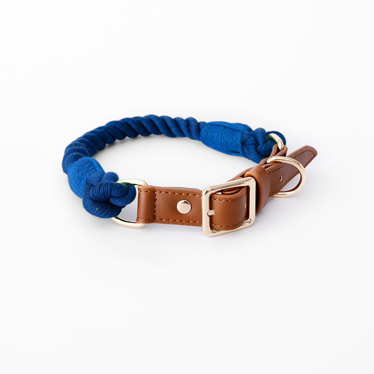 Cotton Woven Rope  Leather Pet Leash Collar Set Sitandpawz.com