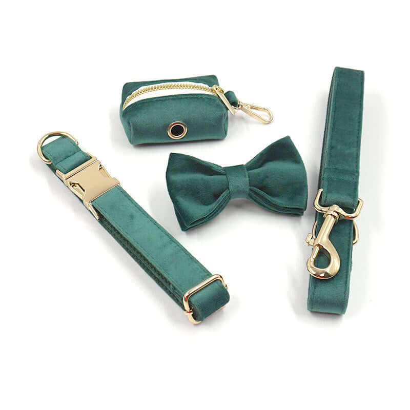 Green Velvet Dog Collar Leash and harness set Sitandpawz.com