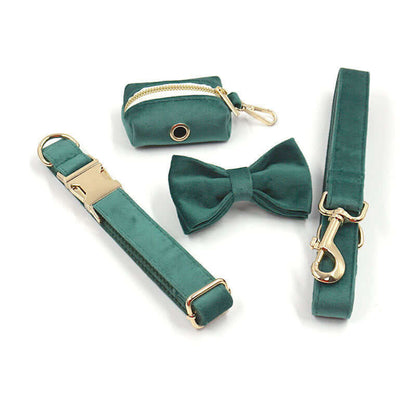 Green Velvet Dog Collar Leash and harness set Sitandpawz.com